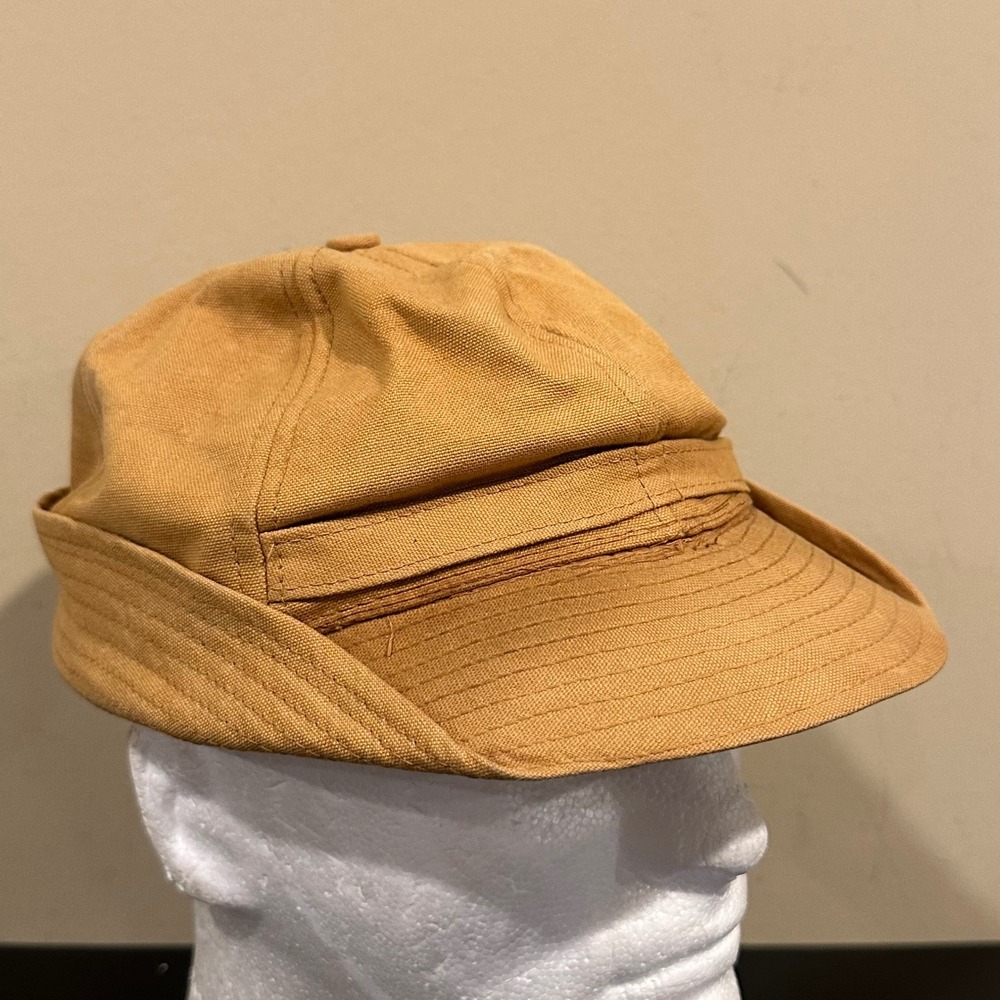 Vintage Tan Canvas Hunting Cap with Ear Flaps Houndstooth Lining Size 7 1/4